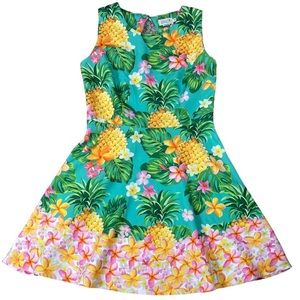 Molly Bracken Pineapple Floral Fit and Flare Dress Sleeveless Green Yellow Med